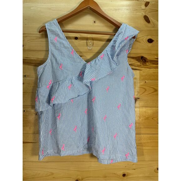 Crown & Ivy Women's Size Medium Blue Seersucker Sleeveless Top Pink Flamingo Emb - Picture 5 of 9